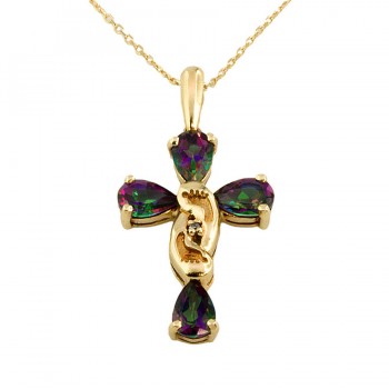 9ct Gold Mystic Topaz/Diamond Cross Pendant with Chain